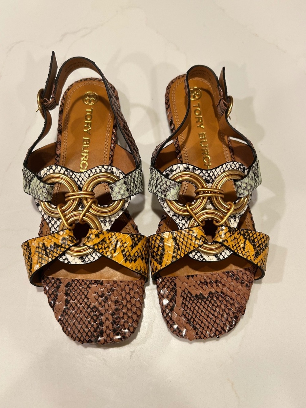 Tory Burch 83522 Multi Rocca Leather Stamped Snakeskin Printed Ring Sandals 9M